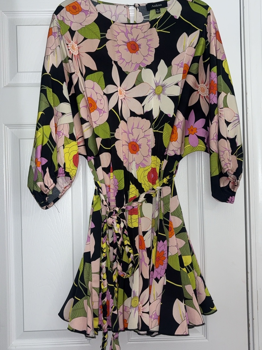 Aakaa Black Floral Mini Dress with Pink & Green Accents